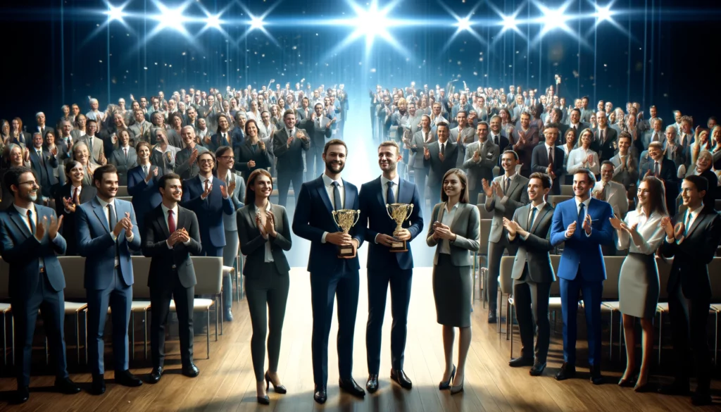 DALL·E-2024-04-18-17.49.40-A-wide-realistic-digital-artwork-depicting-multiple-happy-winners-of-a-prestigious-banking-award-standing-on-a-stage-in-front-of-a-business-audience